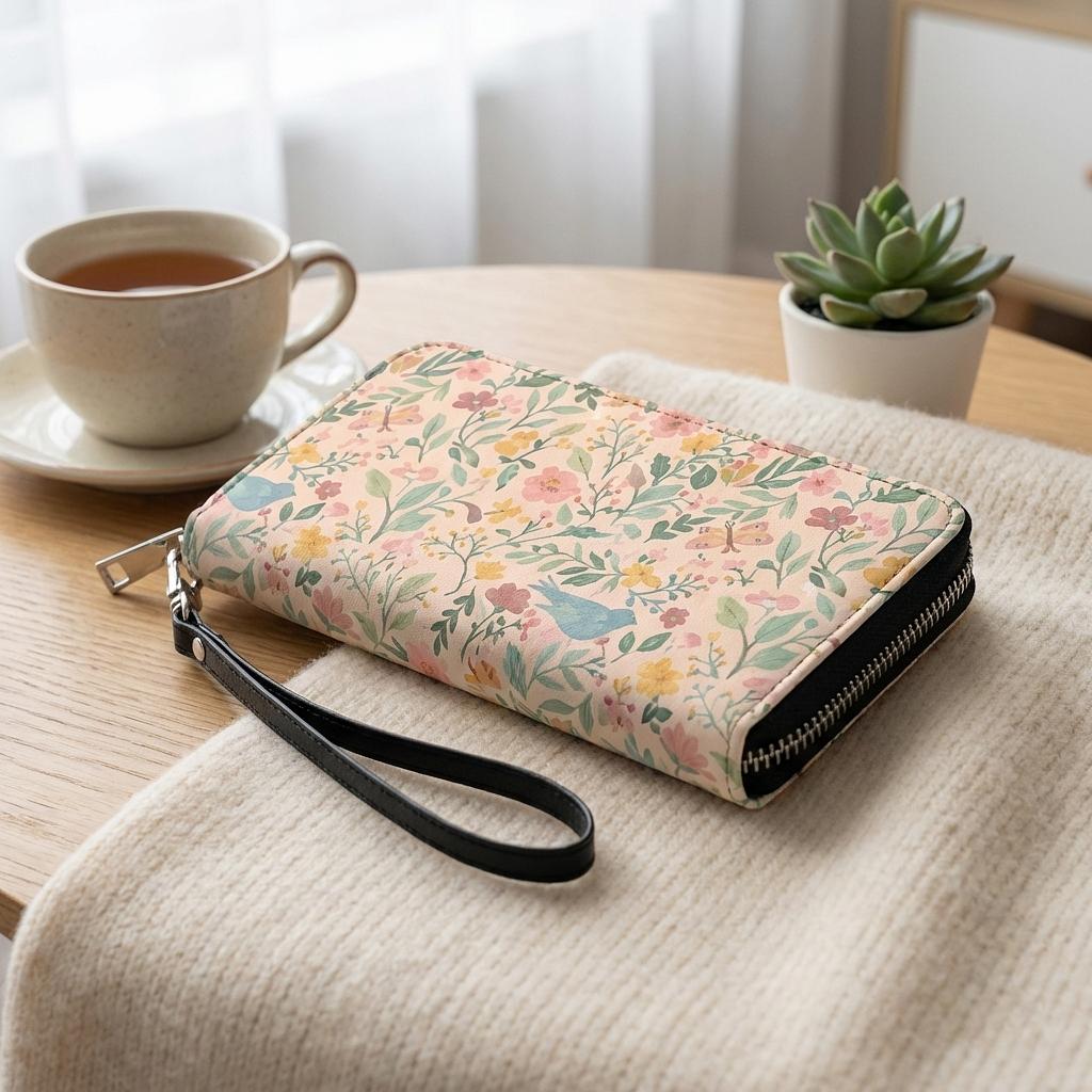 Winks Design Studio Leather Wallet featuring a detailed storybook garden design with multiple card slots and a sleek profile.