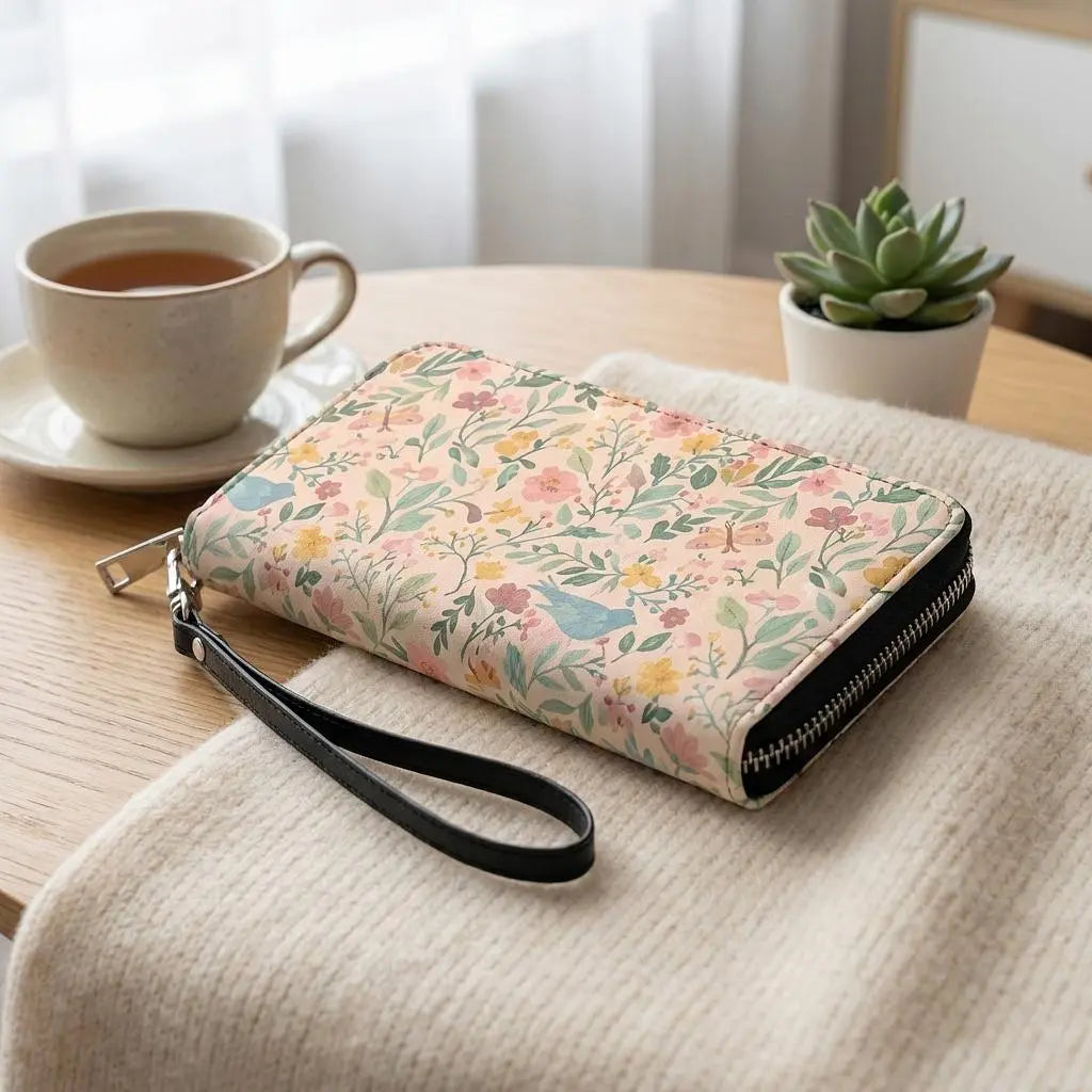 Winks Design Studio Leather Wallet featuring a detailed storybook garden design with multiple card slots and a sleek profile.