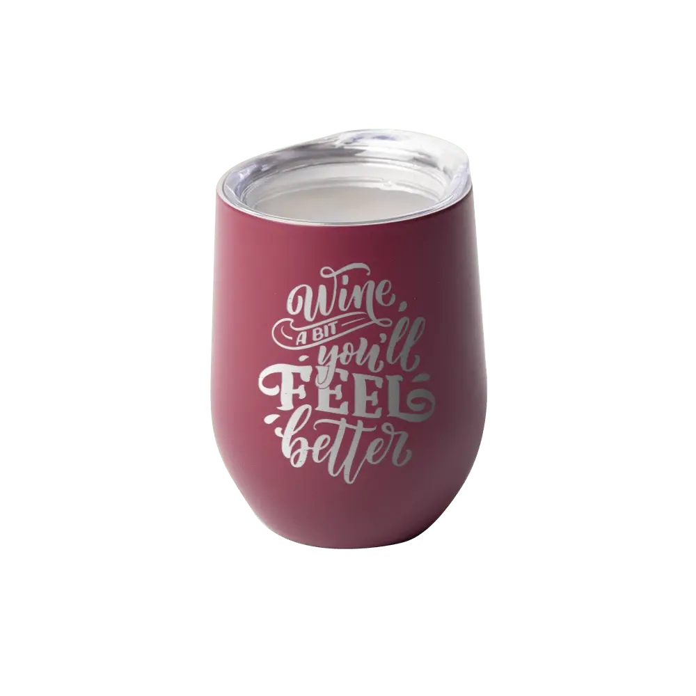 Custom 12oz stemless wine glass by Winks Design Studio, LLC, showcasing engraved design on clear drinkware.