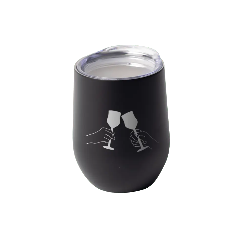 Custom 12oz stemless wine glass by Winks Design Studio, LLC, featuring engraved details on clear drinkware.