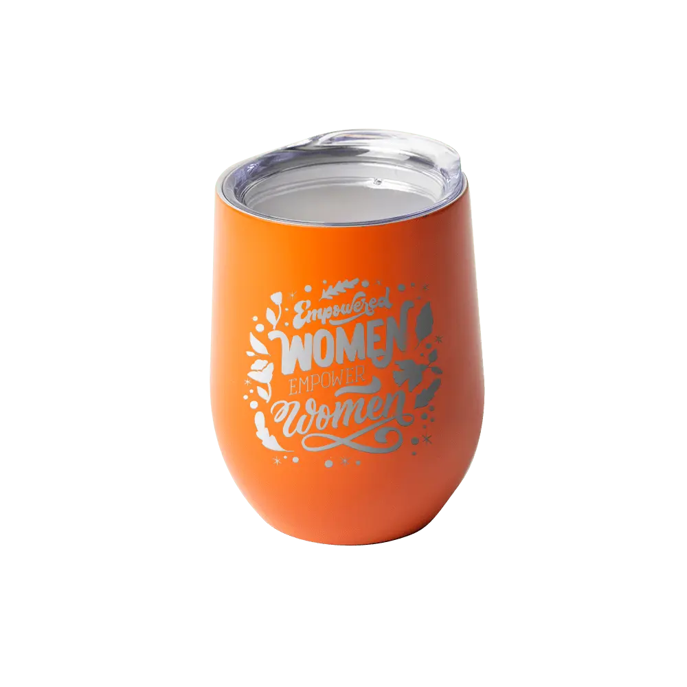 Custom 12oz stemless wine glass by Winks Design Studio showing engraved design on clear drinkware.