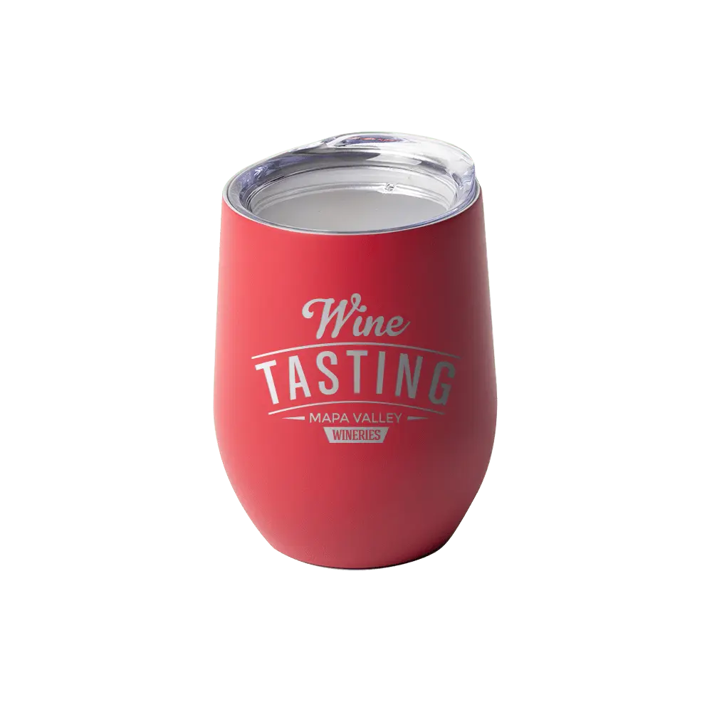 Custom 12oz stemless wine glass by Winks Design Studio, LLC, with engraved design, made of clear drinkware.