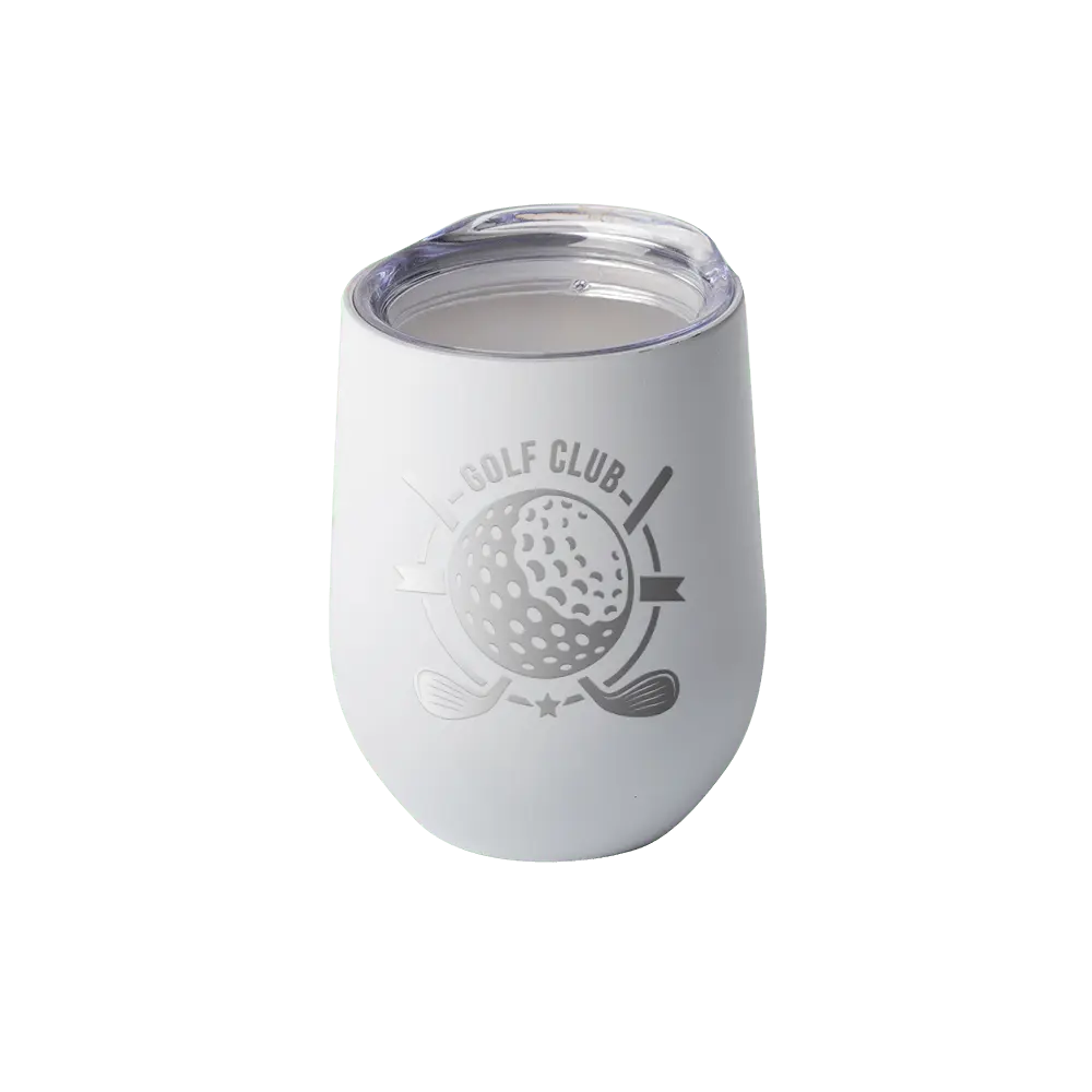 Custom 12oz stemless wine glass from Winks Design Studio, LLC, with engraved design, featuring clear glass drinkware.
