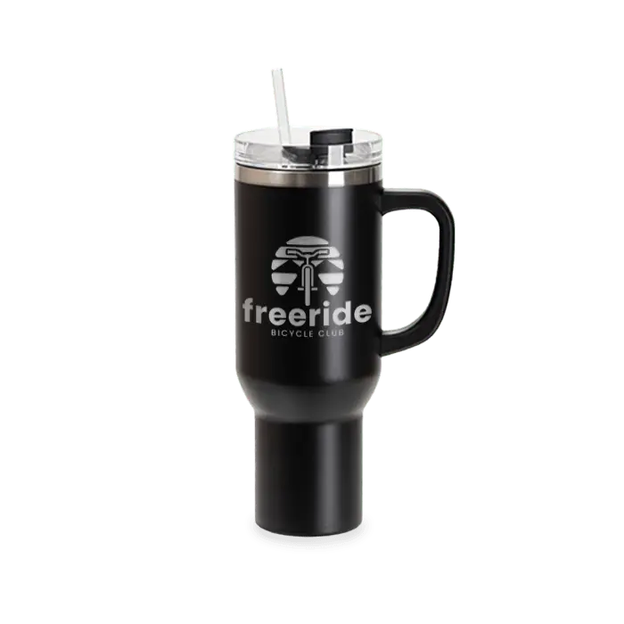 Black 40oz powder-coated tumbler with handle featuring a bike logo engraving, designed by Winks Design Studio, LLC.