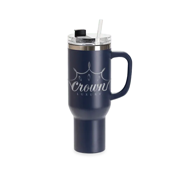 Navy blue 40oz powder coated tumbler with handle by Winks Design Studio, LLC, featuring a simple engraved crown design.