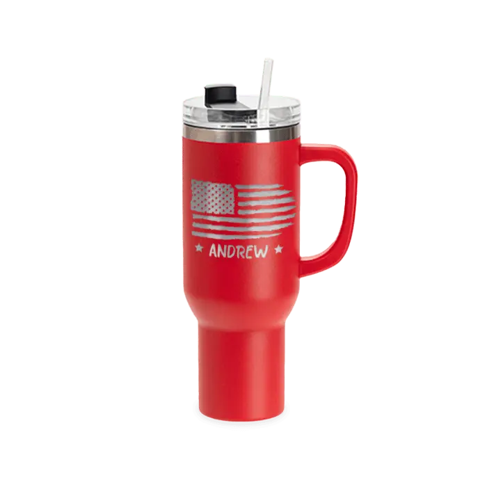 Red 40oz powder coated tumbler with handle by Winks Design Studio, LLC, featuring simple engraving design.