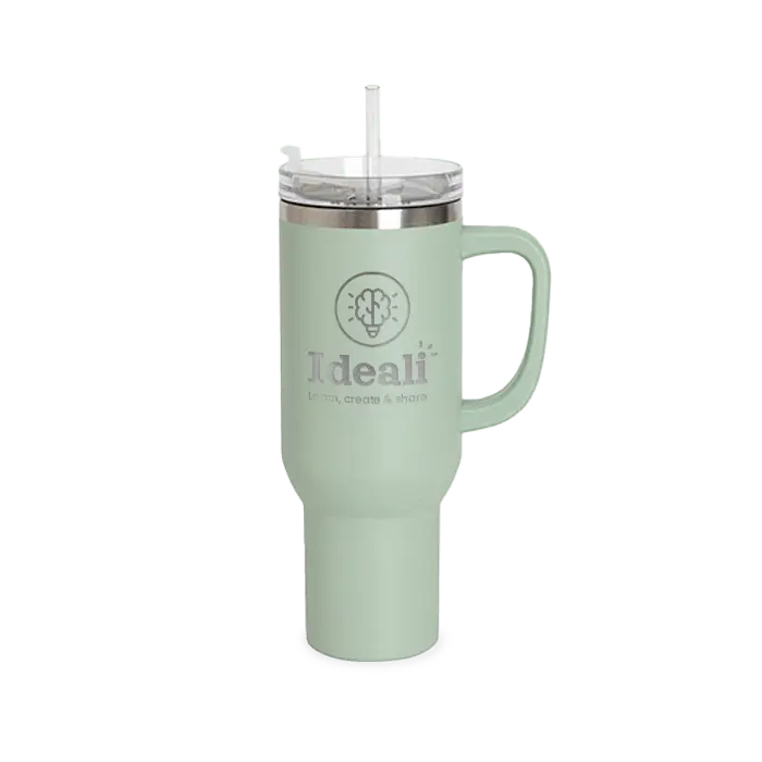40oz sage green powder-coated tumbler with handle by Winks Design Studio, LLC, featuring engraved logo and sleek design.
