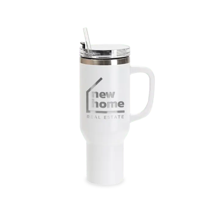 White 40oz powder coated tumbler with handle by Winks Design Studio, LLC, featuring engraved design on the surface.
