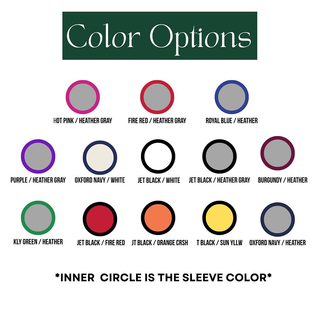 Color options chart with various color swatches labeled for sleeve color selection.
