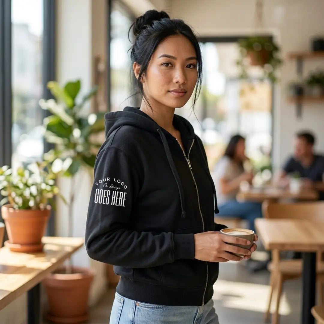 Black custom full zip hoodie with a white "Your Logo or Design Goes Here" sleeve placeholder print