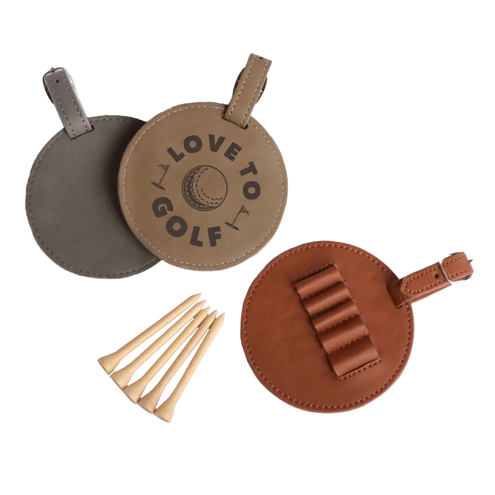 Group of custom engraved golf tee holders from Winks Design Studio, LLC, showcasing various personalized tee storage accessories.