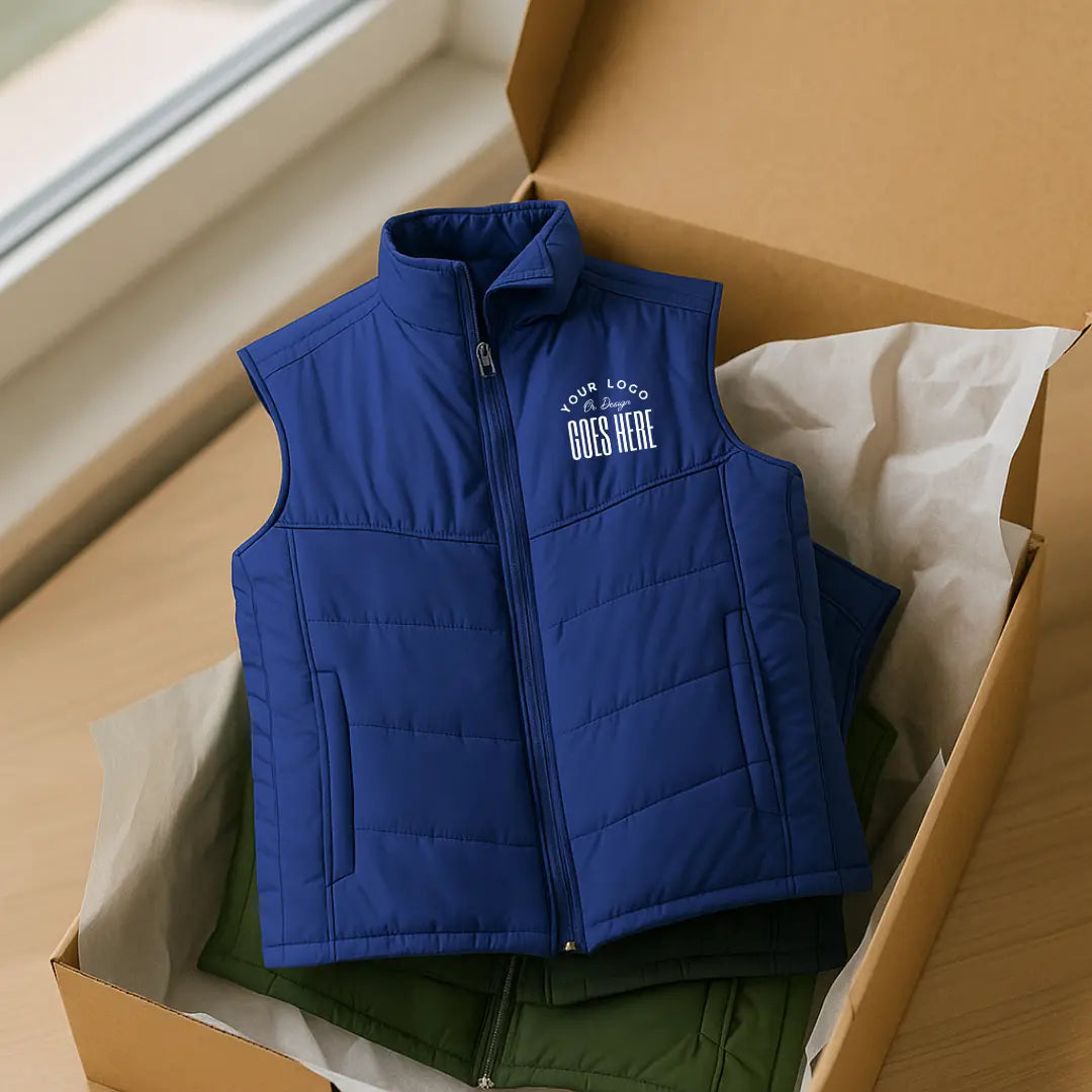 Winks Design Studio, LLC custom Port Authority puffy vest in navy, featuring quilted design and front zipper for warmth and style.