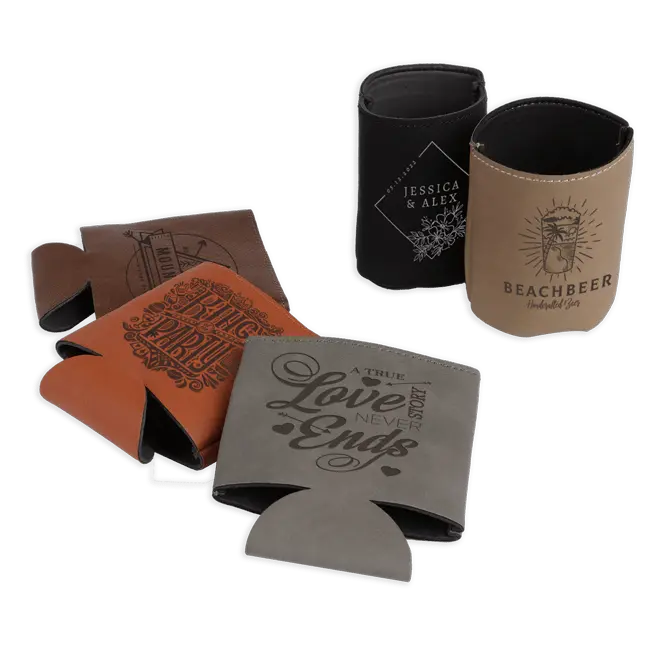 Custom leather can koozie with engraved design, cozy can sleeve from Winks Design Studio, LLC, shown in a group setting.
