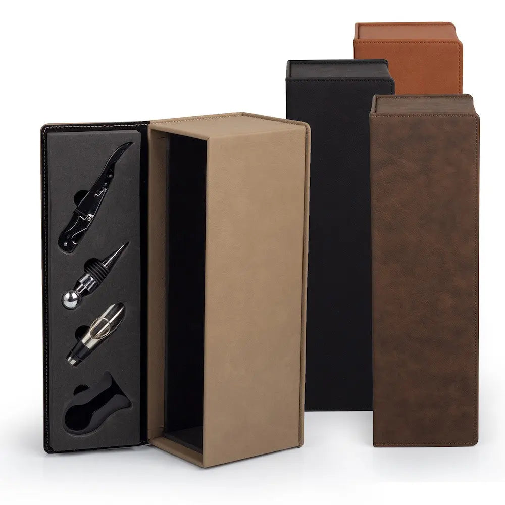 Custom engraved wooden wine box by Winks Design Studio, LLC, showing the handcrafted wine box with engraved details and packaging.