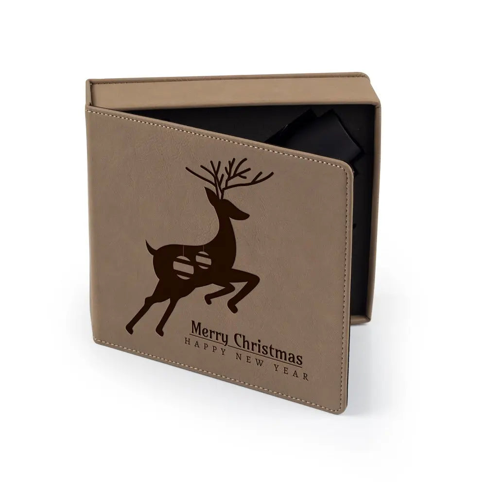 Custom engraved square wine box by Winks Design Studio, LLC, featuring a decorative design for holiday gift presentation.