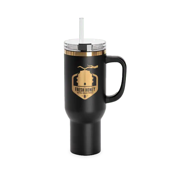 Custom 40oz powder coated tumbler with holographic engraving, black and gold honey logo by Winks Design Studio LLC.