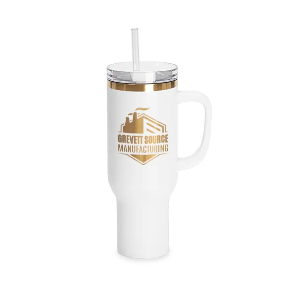 Custom 40oz powder coated tumbler with holographic engraving in white and gold by Winks Design Studio, LLC.