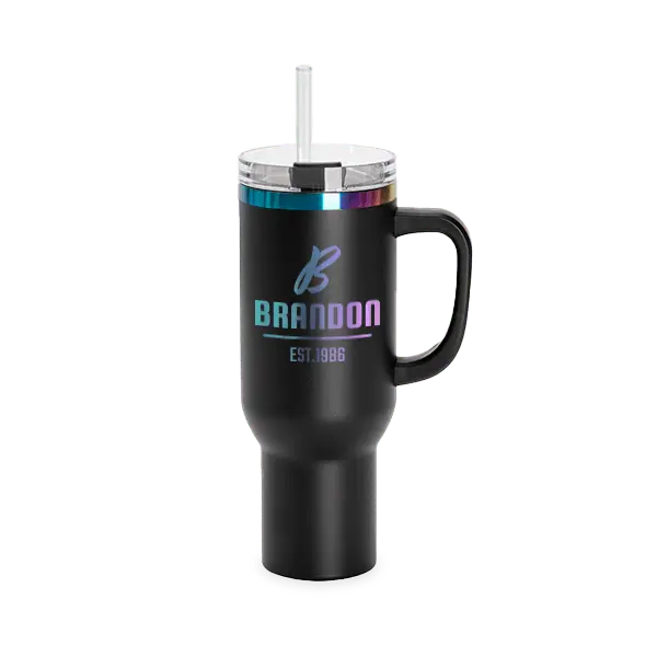 Custom 40oz powder coated tumbler with holographic engraving and rainbow Brandon logo by Winks Design Studio, LLC.