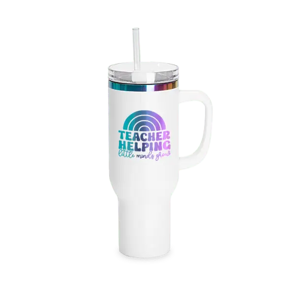 Holographic 40oz powder coated tumbler with rainbow teacher engraving by Winks Design Studio, LLC, on a white background.