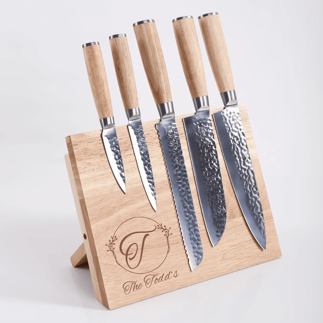 Custom Engraved 6-Piece Chef Knife Set with Magnetic Rubberwood Block