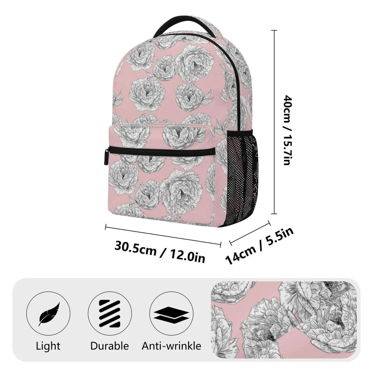 Pink peony flower backpack by Winks Design Studio, LLC featuring vibrant floral design and adjustable straps.