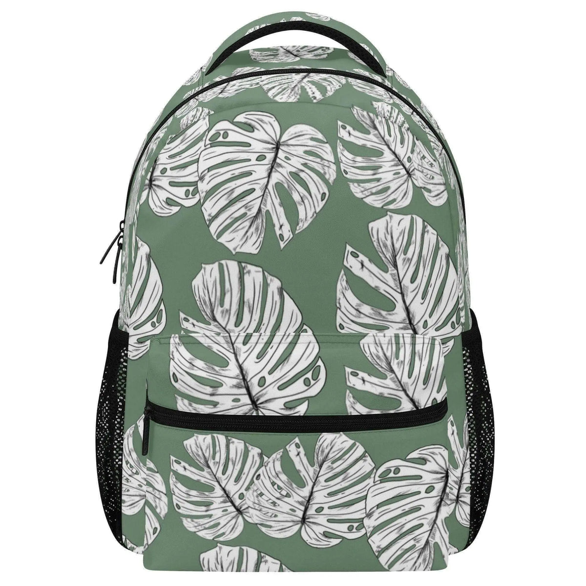 Green Monstera Leaves backpack by Winks Design Studio, LLC featuring vibrant tropical leaf pattern on a stylish backpack.