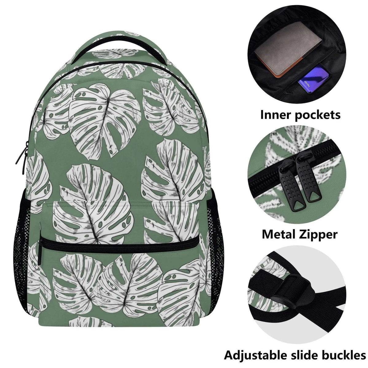 Green Monstera Leaves backpack by Winks Design Studio, LLC featuring vibrant tropical leaf pattern on a stylish backpack.