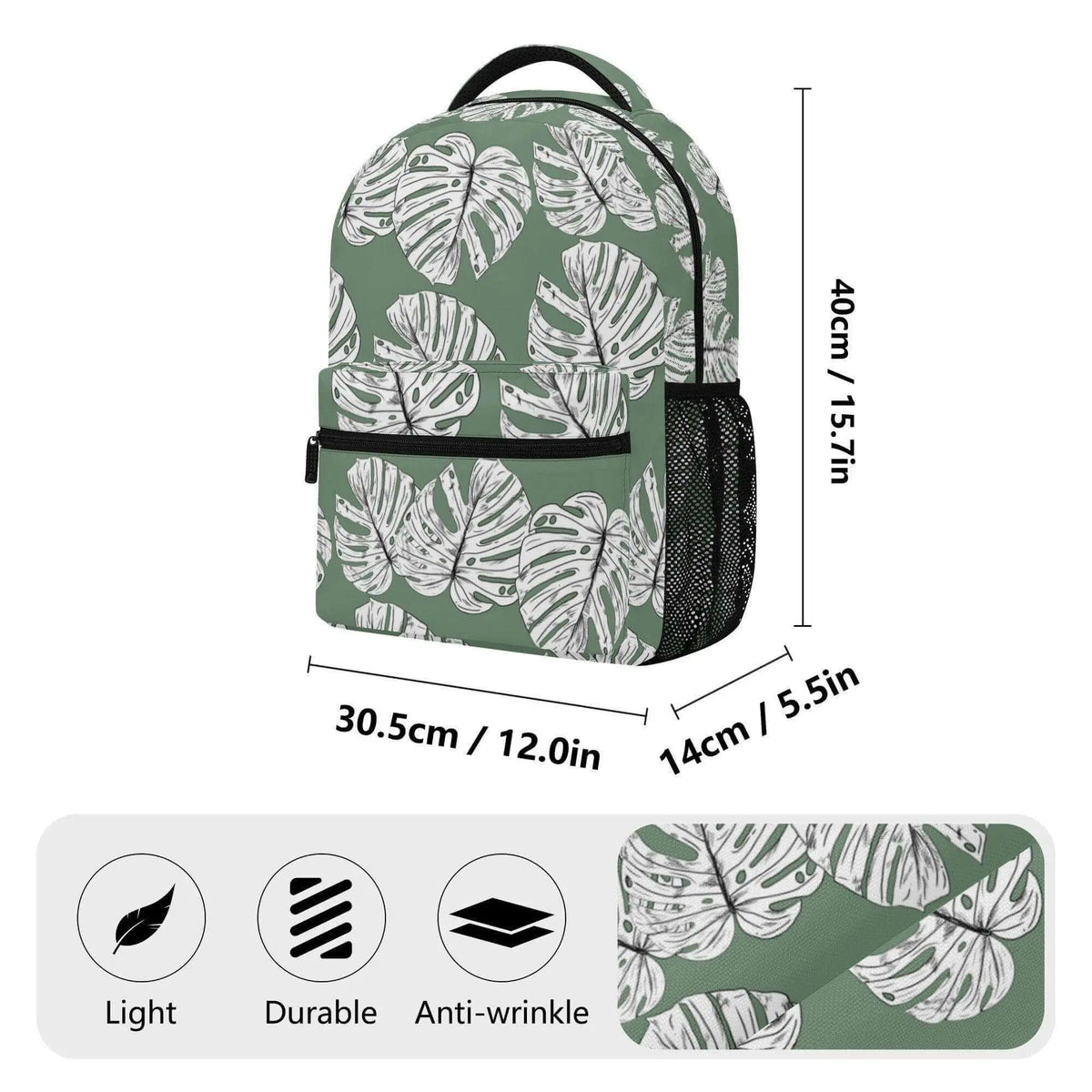 Green Monstera Leaves backpack by Winks Design Studio, LLC, featuring vibrant tropical leaf pattern on a stylish backpack.