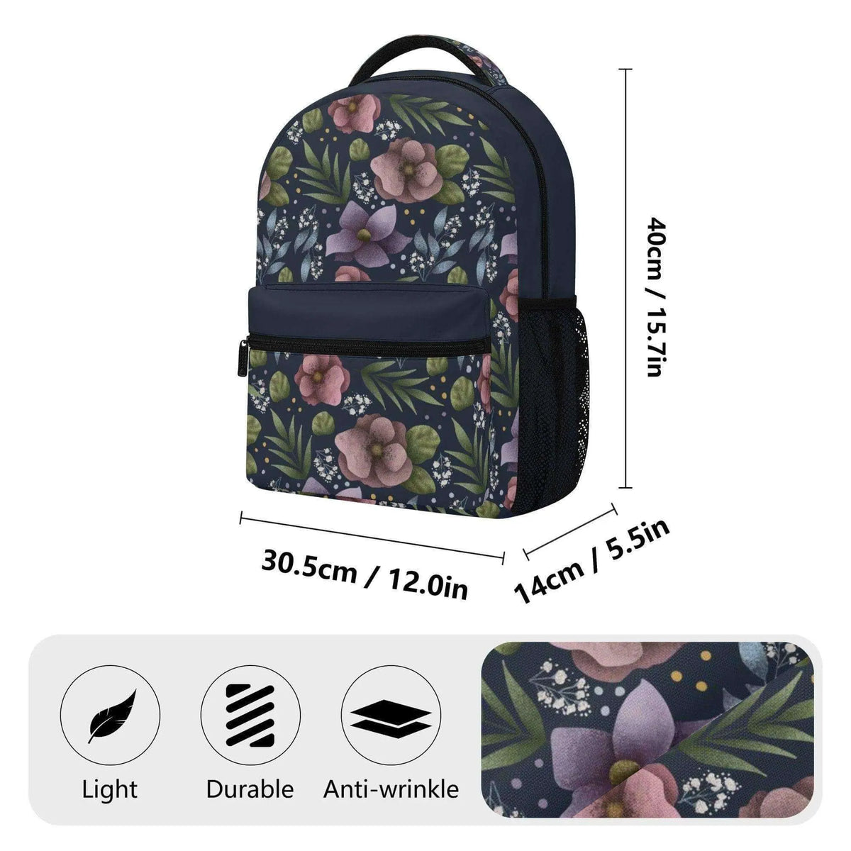 Purple Hydrangea Flower Backpack by Winks Design Studio, LLC featuring vibrant floral print and adjustable straps.