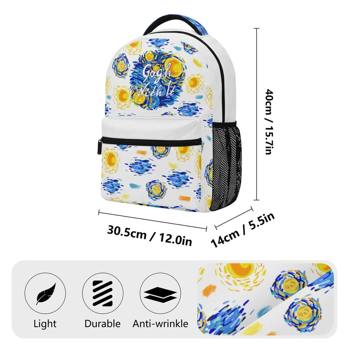 Winks Design Studio LLC The Starry Night backpack featuring a vibrant, artistic print of Van Gogh&