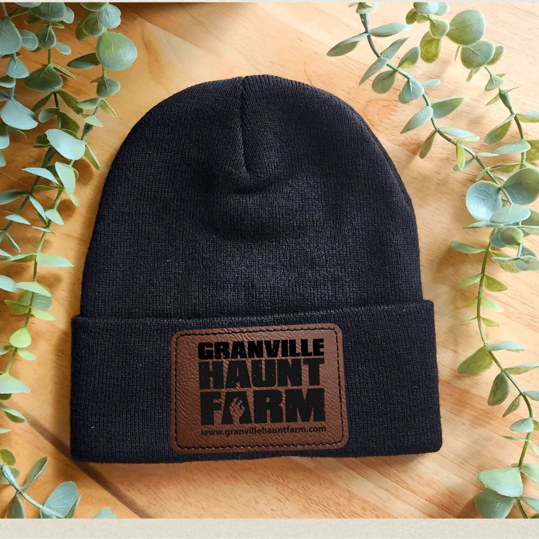 Winks Design Studio Granville Haunt Farm leather patch beanie, warm knit hat with leather patch, casual winter accessory