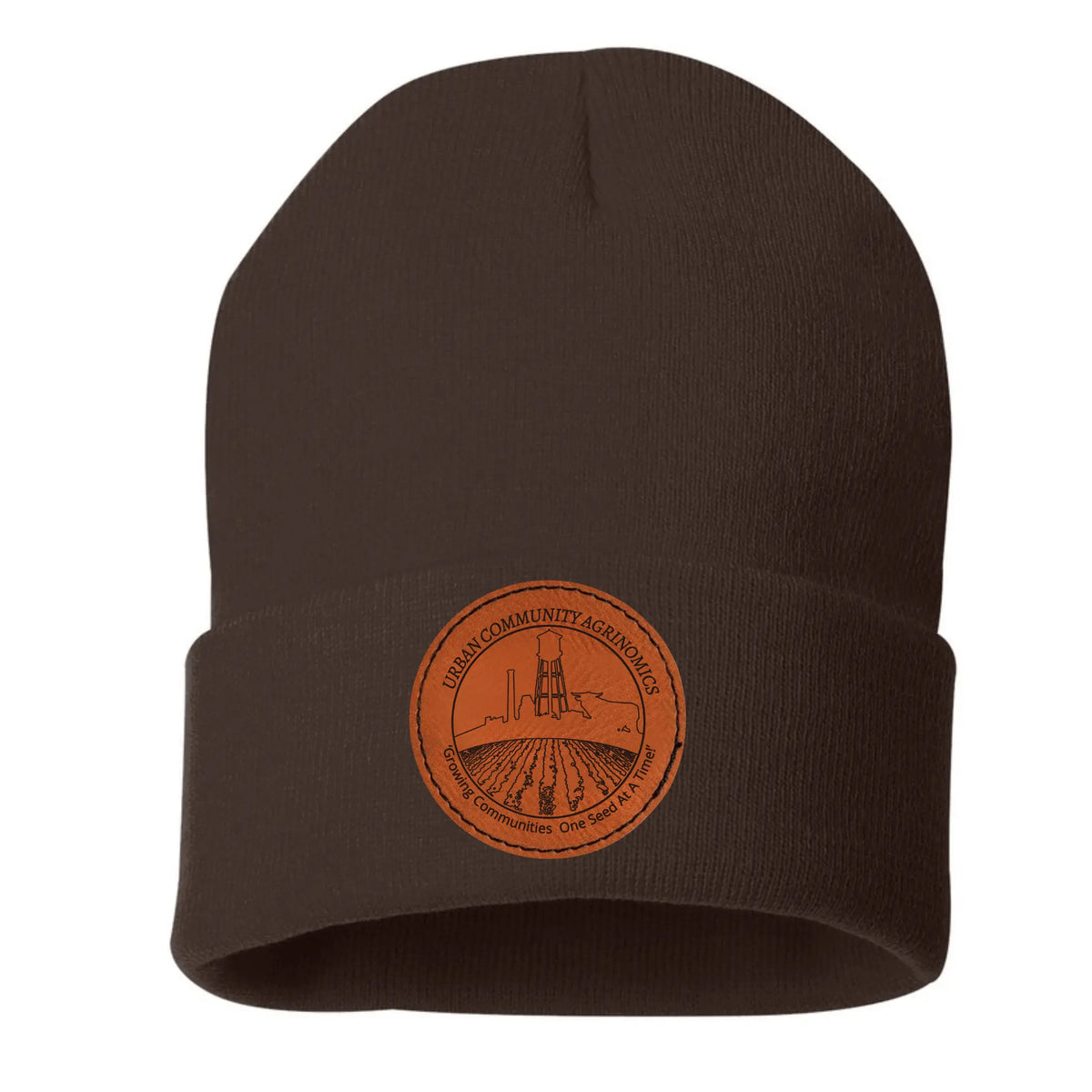 Green UCAN Leather Patch Beanie by Winks Design Studio, LLC featuring a stylish leather patch on soft knit fabric.