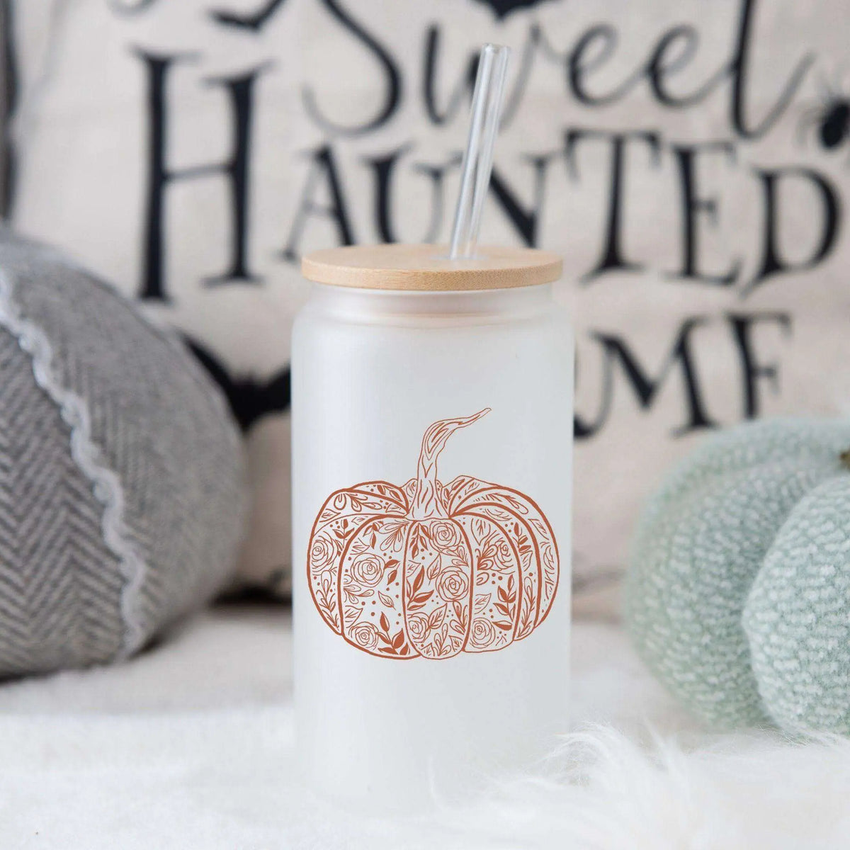 Flower Pumpkin 16oz glass beer can by Winks Design Studio, LLC, featuring a decorative floral pumpkin design on transparent glass.