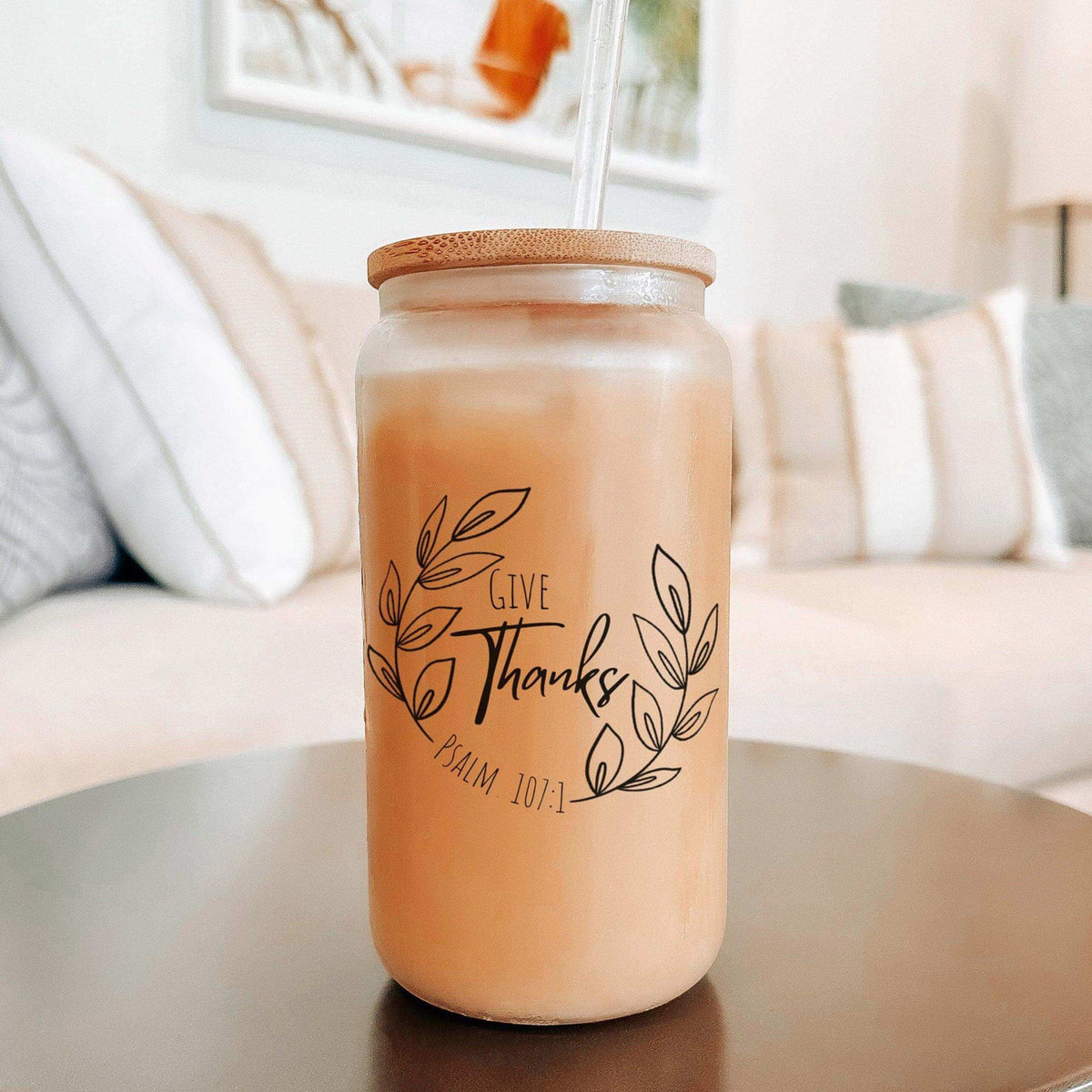 Give Thanks Psalm 107:1 beer glass by Winks Design Studio, LLC, 16 oz iced coffee glass with bamboo lid and straw.