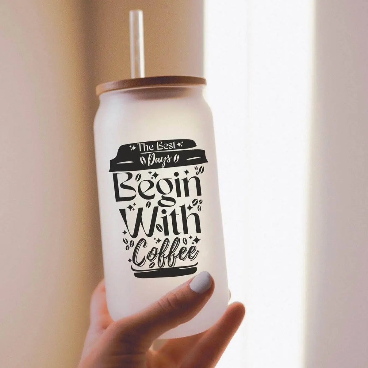 Winks Design Studio LLC beer glass with "The Best Days Begin With Coffee" printed on clear glass can.