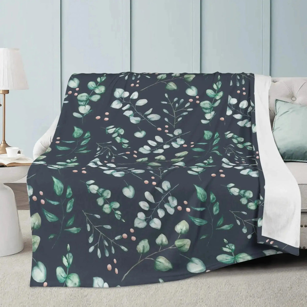 Eucalyptus floral blanket by Winks Design Studio, LLC featuring soft fabric with eucalyptus and floral pattern.