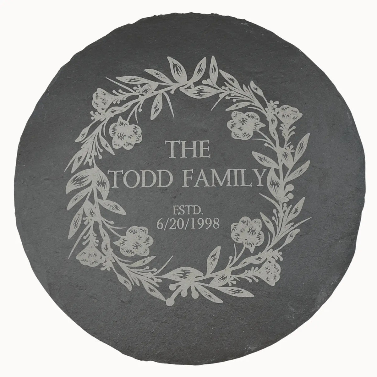 Personalized slate cake stand with rose gold riser from Winks Design Studio, LLC, featuring custom engraving and elegant design.