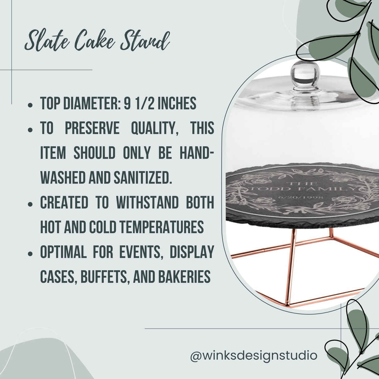 Personalized Slate Cake Stand with Rose Gold Riser - Custom Engraved - Winks Design Studio,LLC