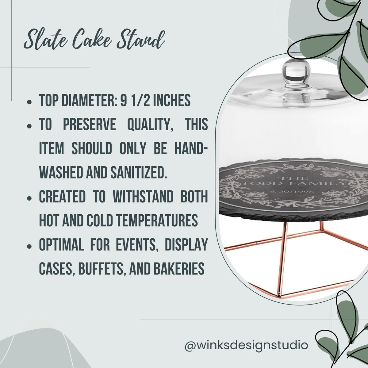 Personalized slate cake stand with rose gold riser from Winks Design Studio, featuring custom engraving and elegant design.