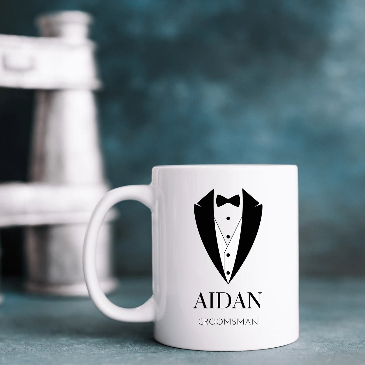 Customizable wedding party ceramic mug with an elegant tuxedo design by Winks Design Studio, LLC, featuring a sophisticated black and white pattern.