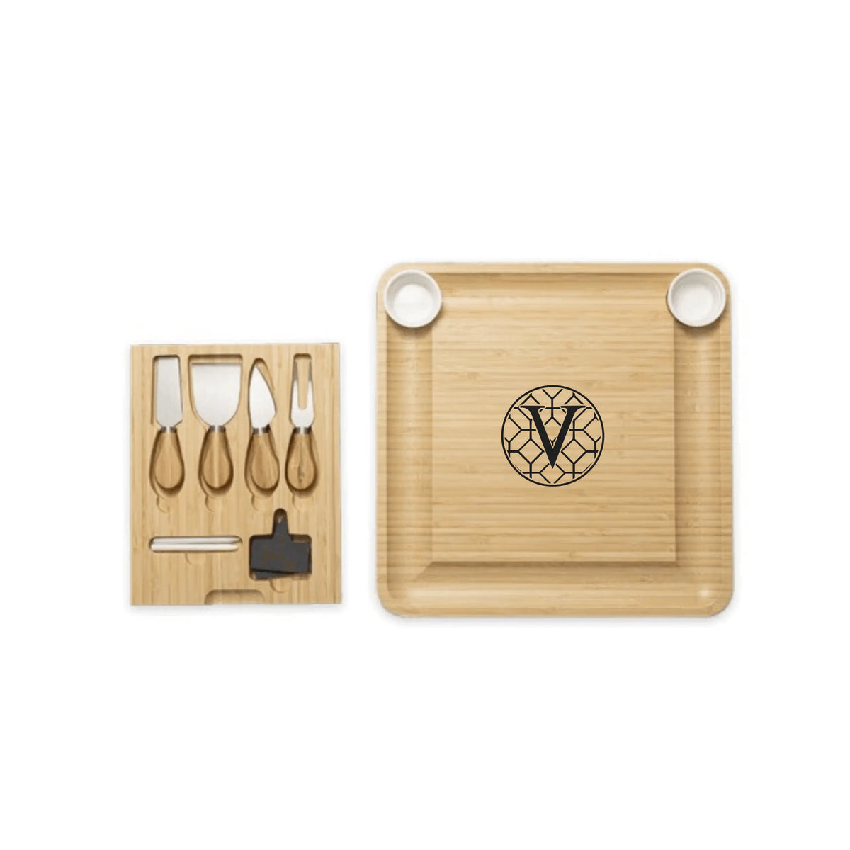 Verdigris bamboo cheese board set with knife and accessories, ideal for serving charcuterie and cheeses in style.