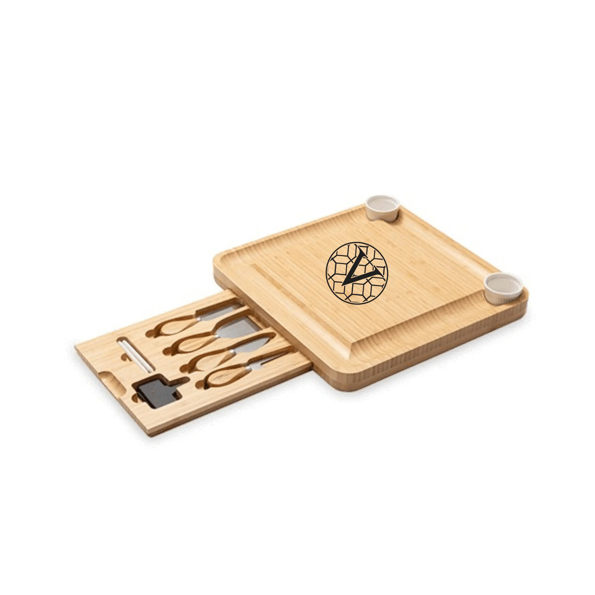 Verdigris bamboo cheese board set by Winks Design Studio, LLC, featuring a stylish charcuterie board with compartments and natural bamboo finish.