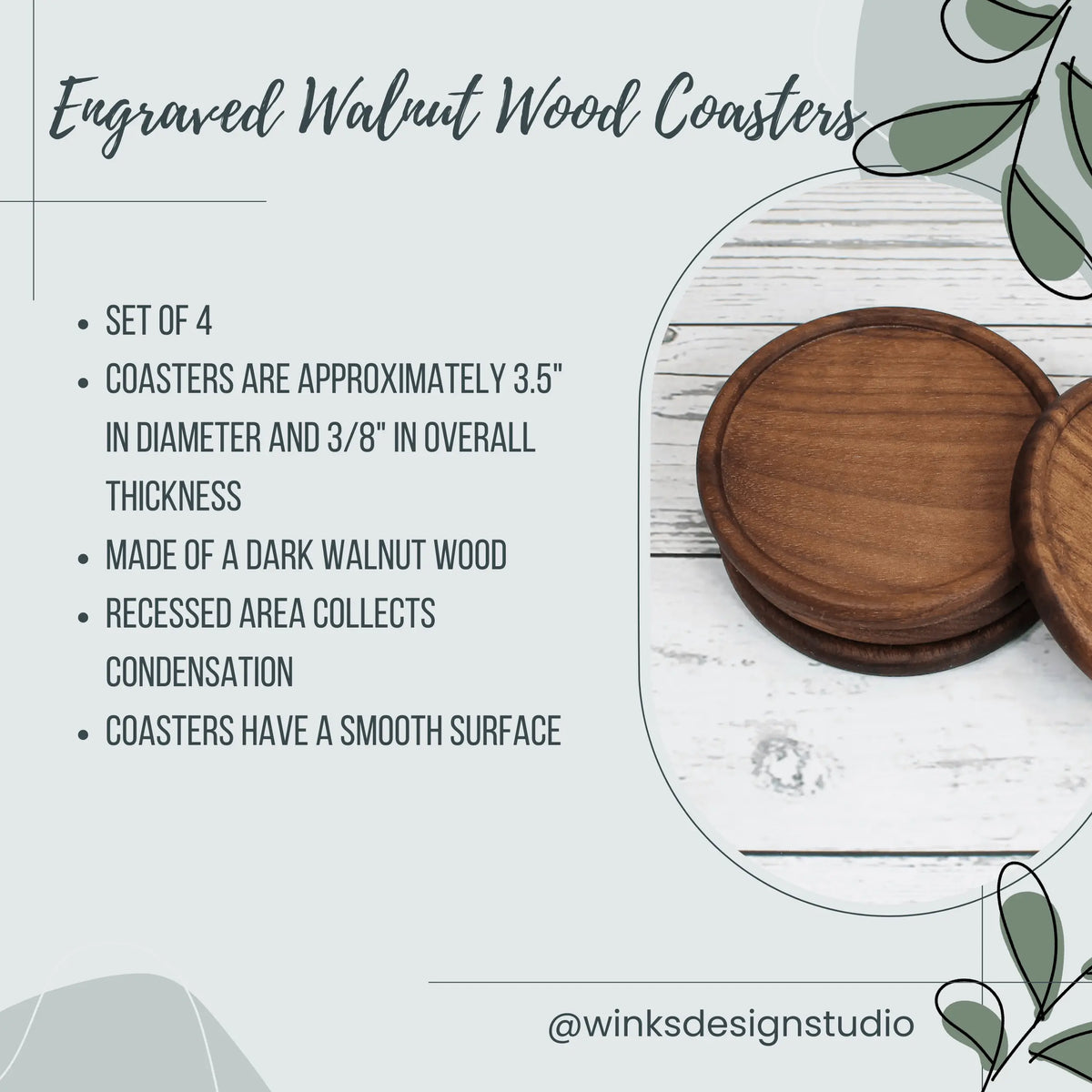 Oxford Oaks Distillery wooden engraved coasters by Winks Design Studio, LLC, featuring detailed engraved designs on natural wood.
