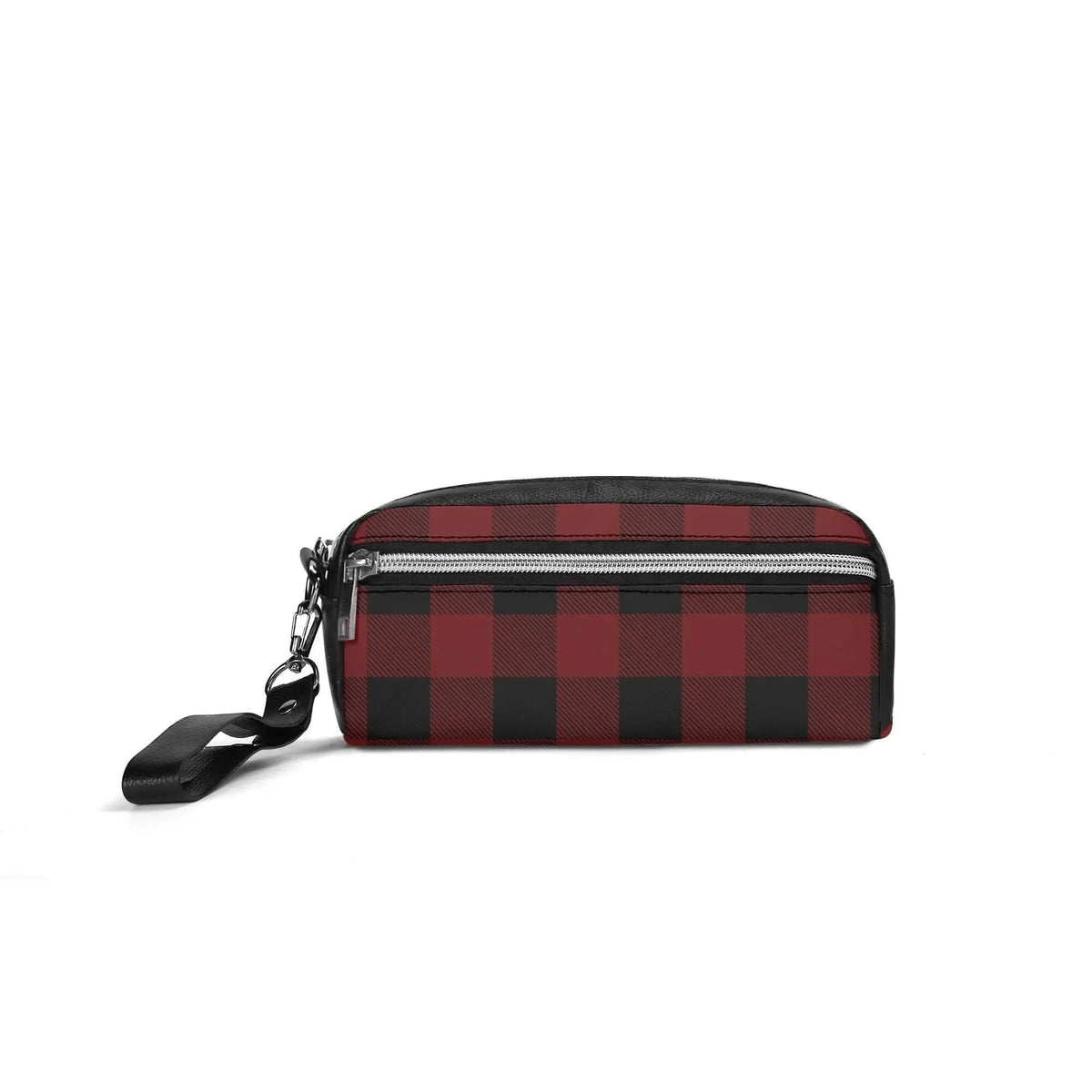 Red Buffalo Plaid cosmetic bag from Winks Design Studio, LLC with zip closure and soft fabric exterior.