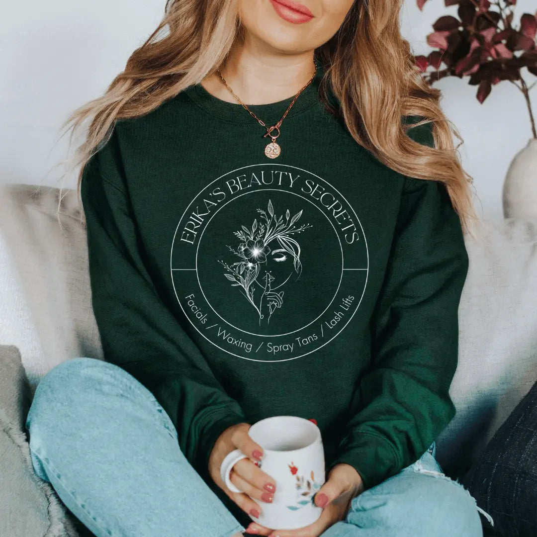 Black crewneck sweatshirt by Winks Design Studio, LLC featuring "Erika&