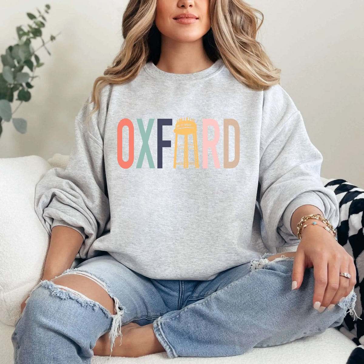 Color blocked Oxford Water Tower crewneck by Winks Design Studio, LLC, featuring a stylish multi-color design and classic crewneck fit.