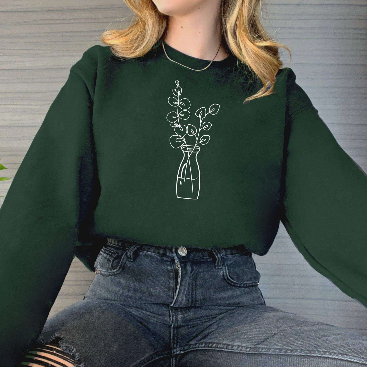 Eucalyptus Flower Crewneck Sweatshirt - Women’s Green Cottagecore Shirt, Botanical Plant Gift - Winks Design Studio,LLC