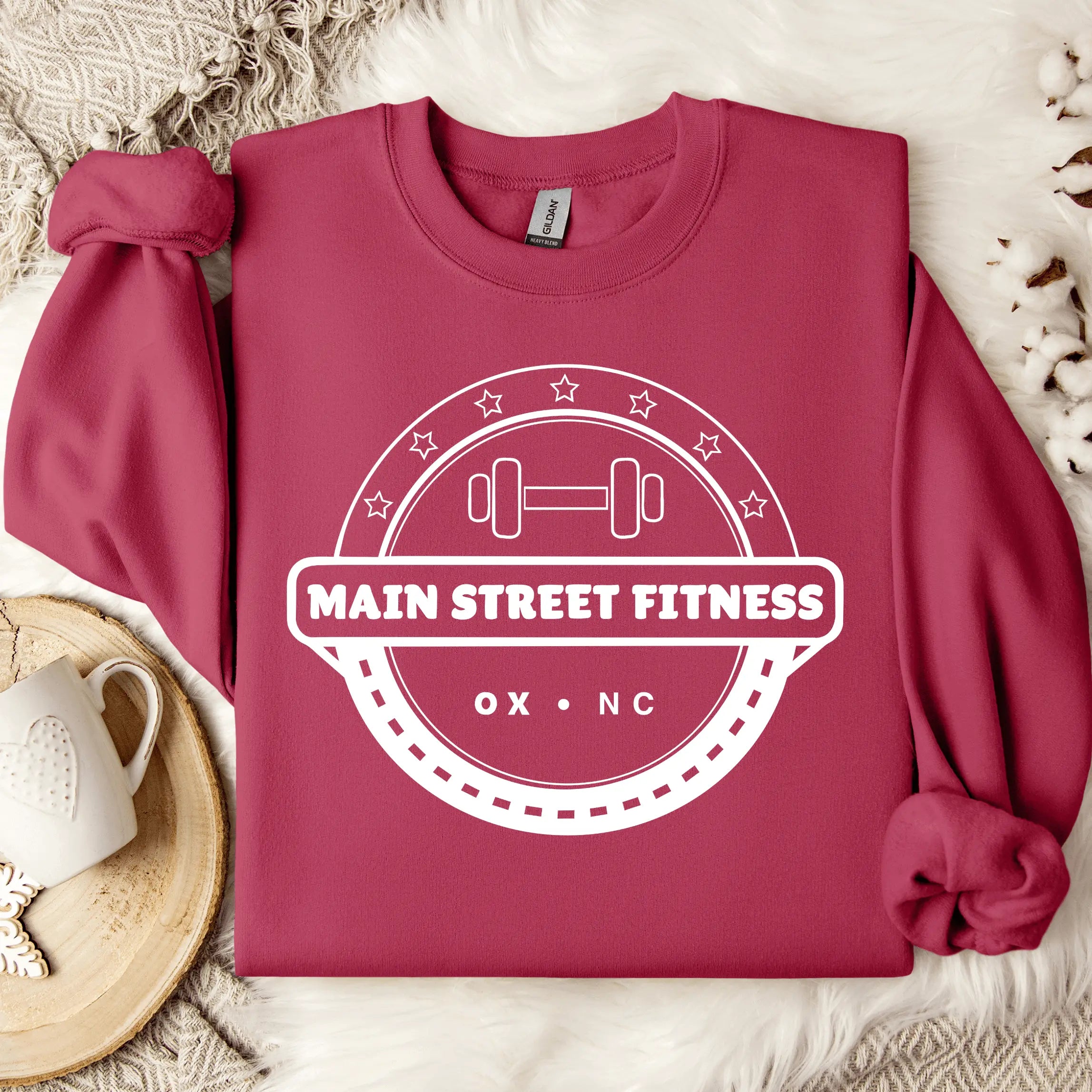 Winks Design Studio LLC Main Street Fitness crewneck sweatshirt in small size, featuring a comfortable crewneck design and fitness-themed graphics.