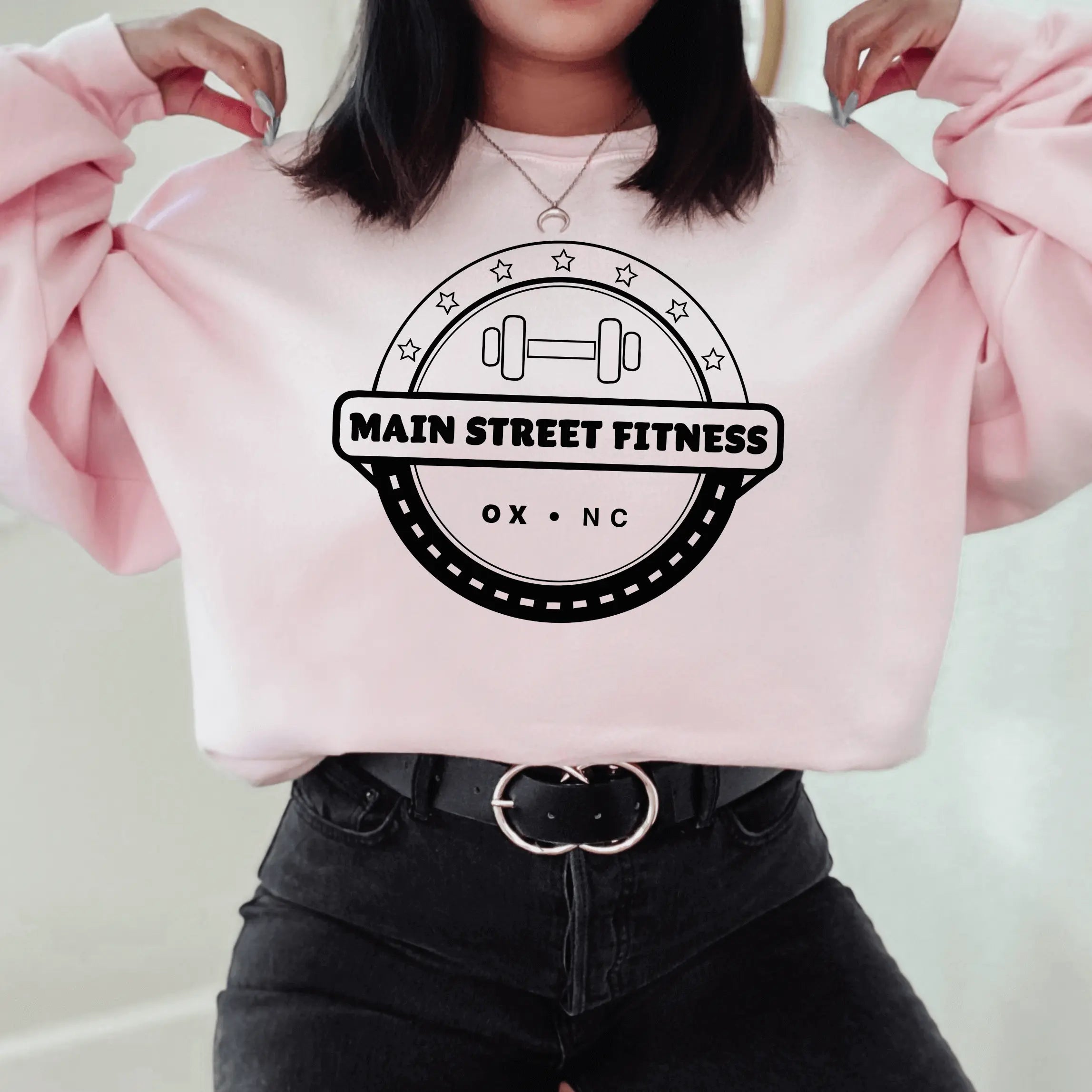 Winks Design Studio LLC Main Street Fitness crewneck sweatshirt, small size, soft fabric, casual fit, with printed logo design.