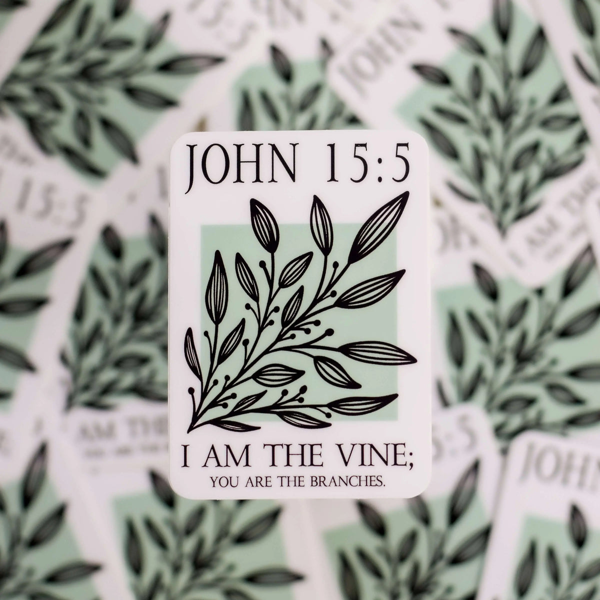 Decorative John 15:5 sticker from Winks Design Studio LLC, featuring biblical verse design on a white background.